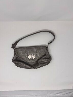 ELAINE TURNER Edie Metallic Gunmetal Leather Shoulder Bag Turnlock Pristine 12"